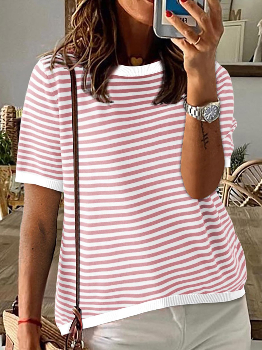 

StyleCast x Revolte Women Striped Round Neck Top, Pink