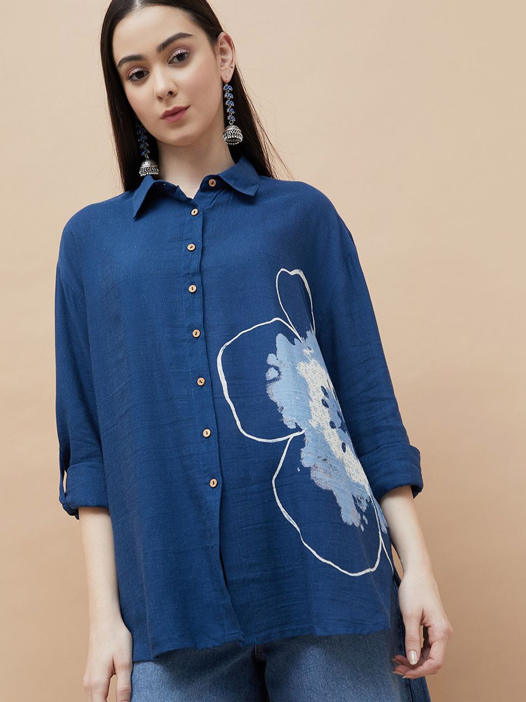 

Colour Me by Melange Women Spread Collar Floral Printed Casual Shirt, Blue