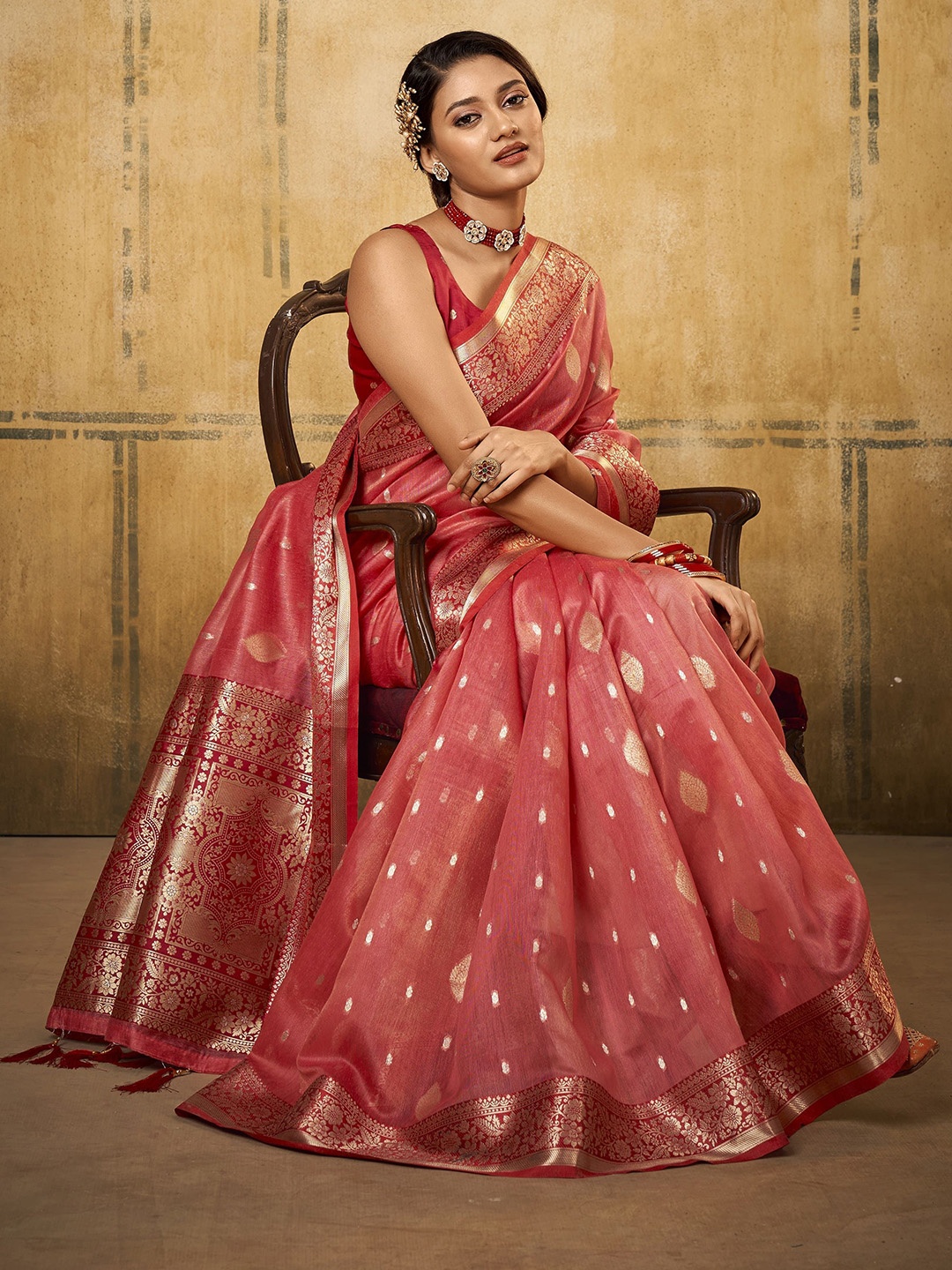 

MAHALASA Pure Silk Zari Weaving Saree, Peach