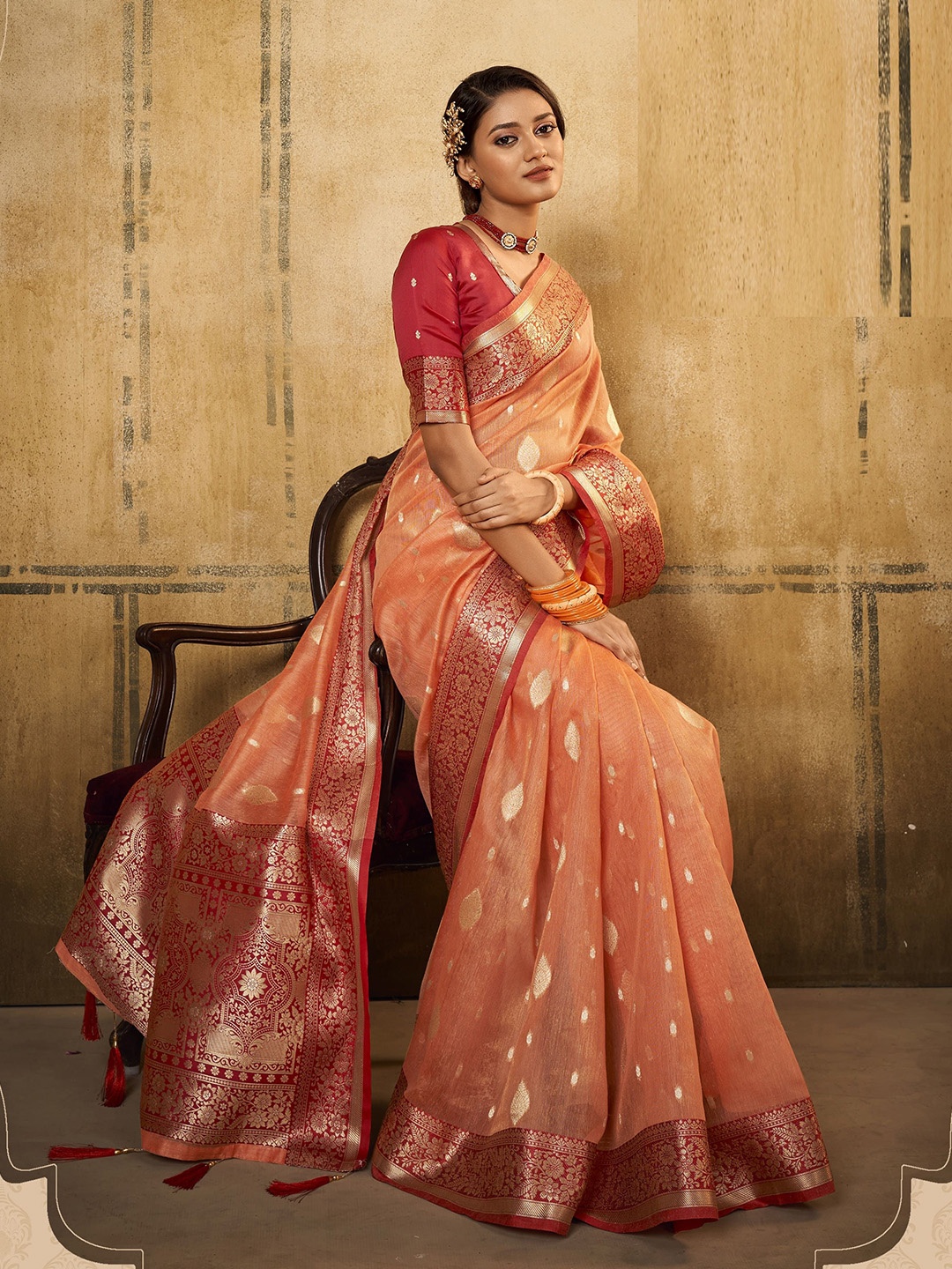

MAHALASA Woven Design Zari Tissue Saree, Orange