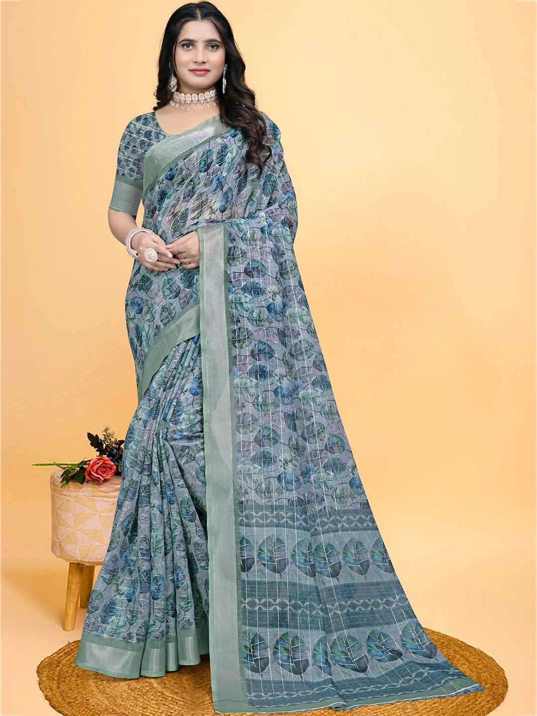 

SHOBHA SAREES Floral Printed Zari Saree, Teal