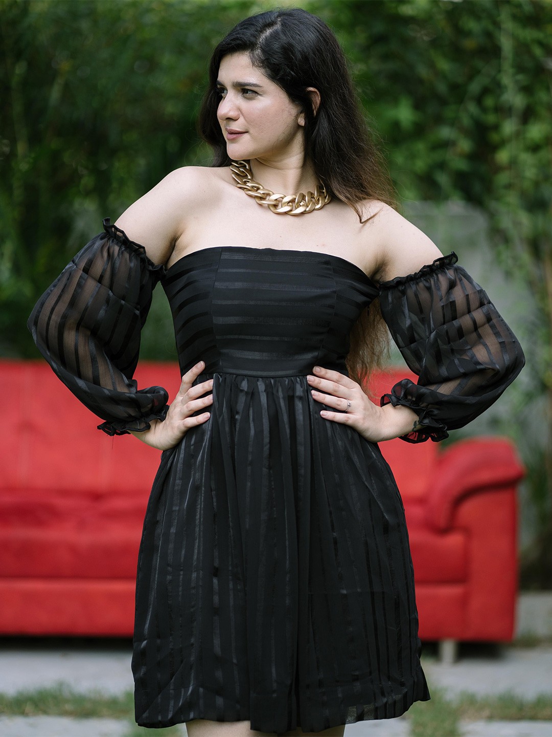 

GARDEN PARTY Women Self Design Off-Shoulder Fit and Flare Dress, Black