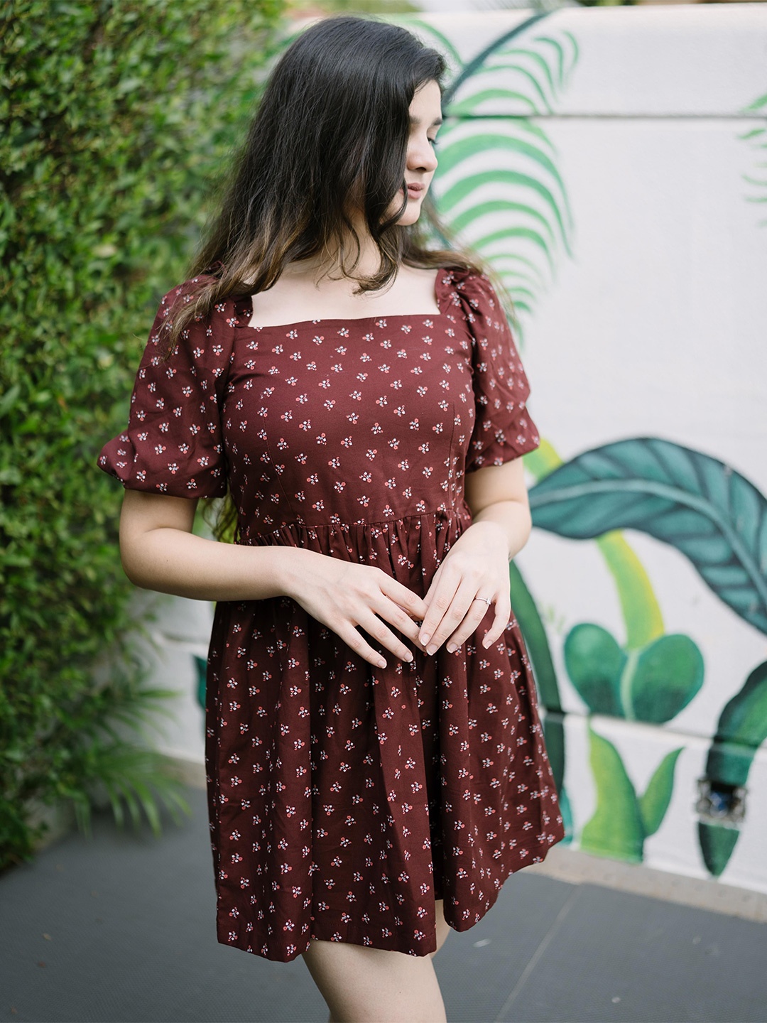 

GARDEN PARTY Women Floral Printed Fit and Flare Dress, Brown