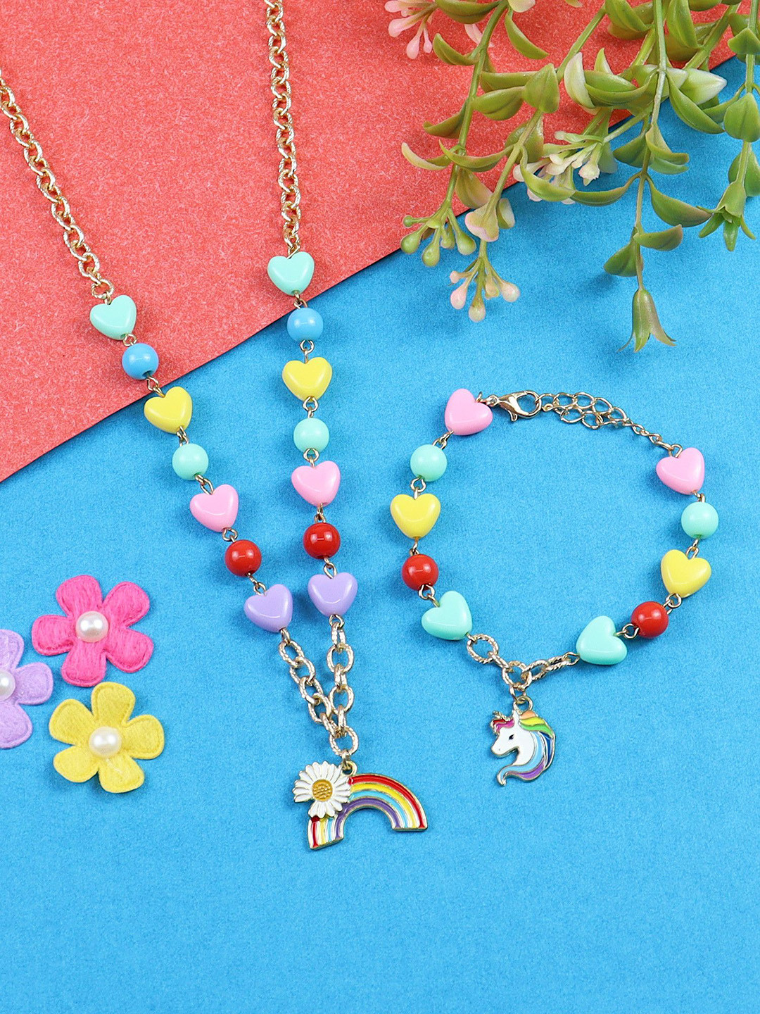 

Asthetika Unicorn Rainbow Charm Necklace & Bracelet Jewellery Set, Gold