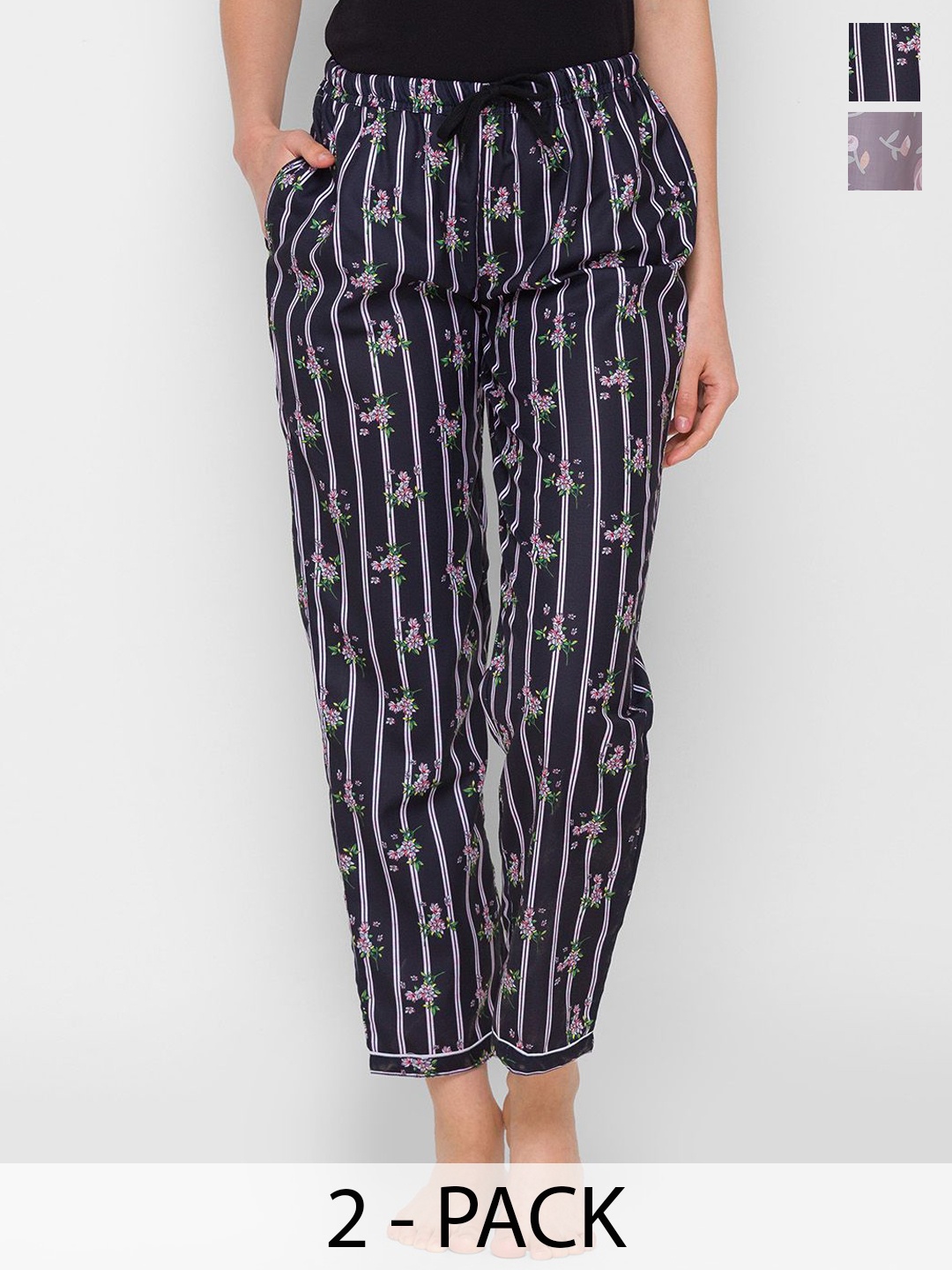 

NOIRA Women Pack Of 2 Floral Printed Straight Lounge Pants, Navy blue