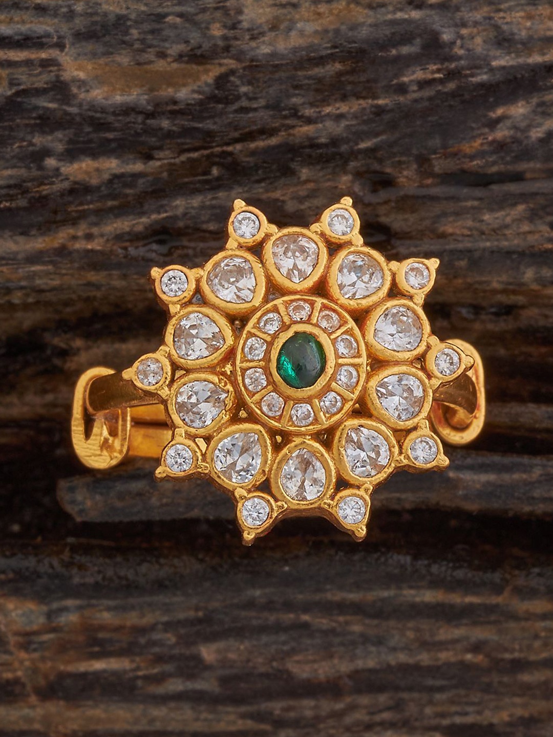 

Kushal's Fashion Jewellery Women Gold-Plated Green Stone Studded Finger Ring
