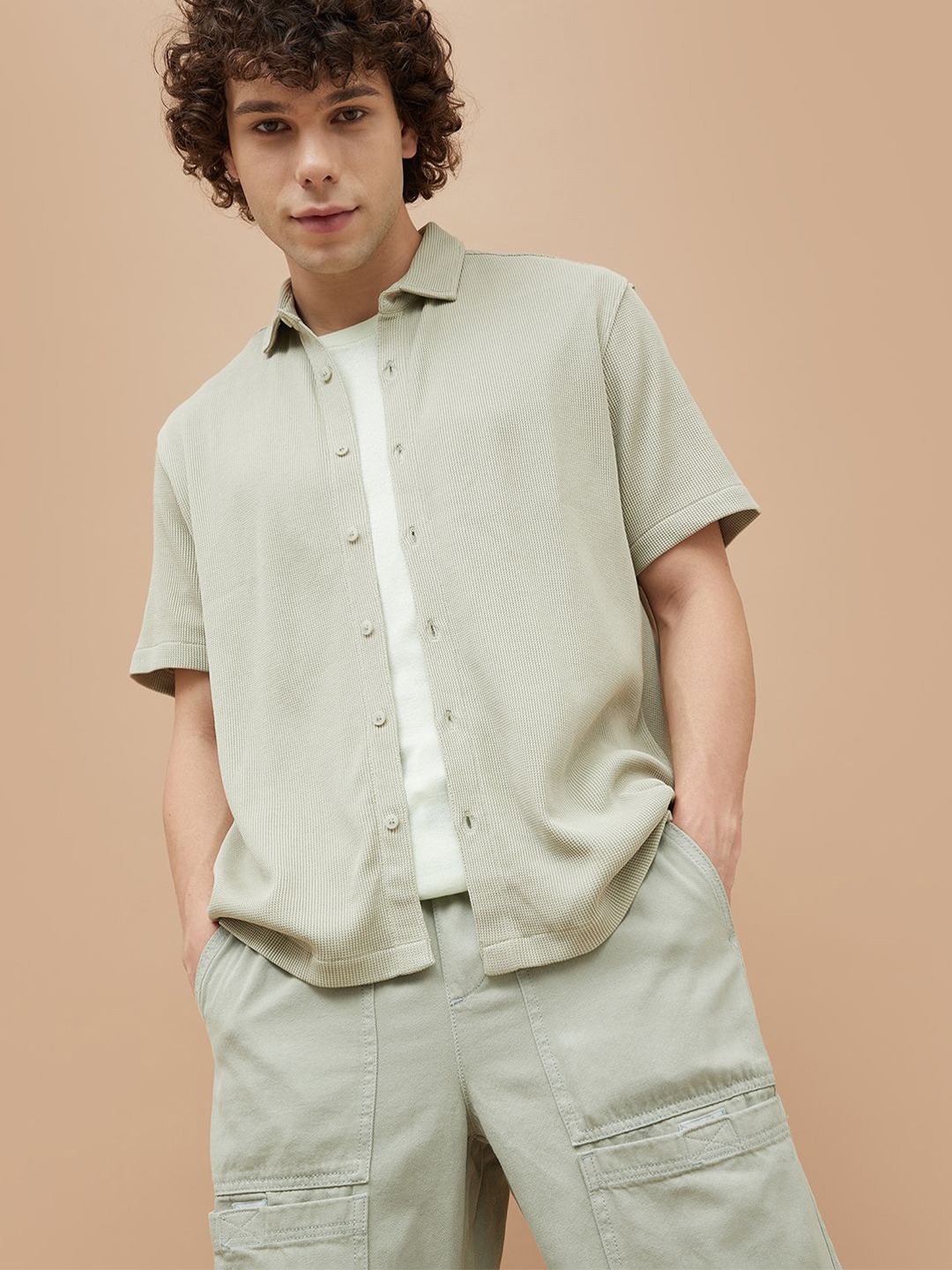 

Fame Forever by Lifestyle Men Relaxed Fit Spread Collar Textured Cotton Casual Shirt, Green