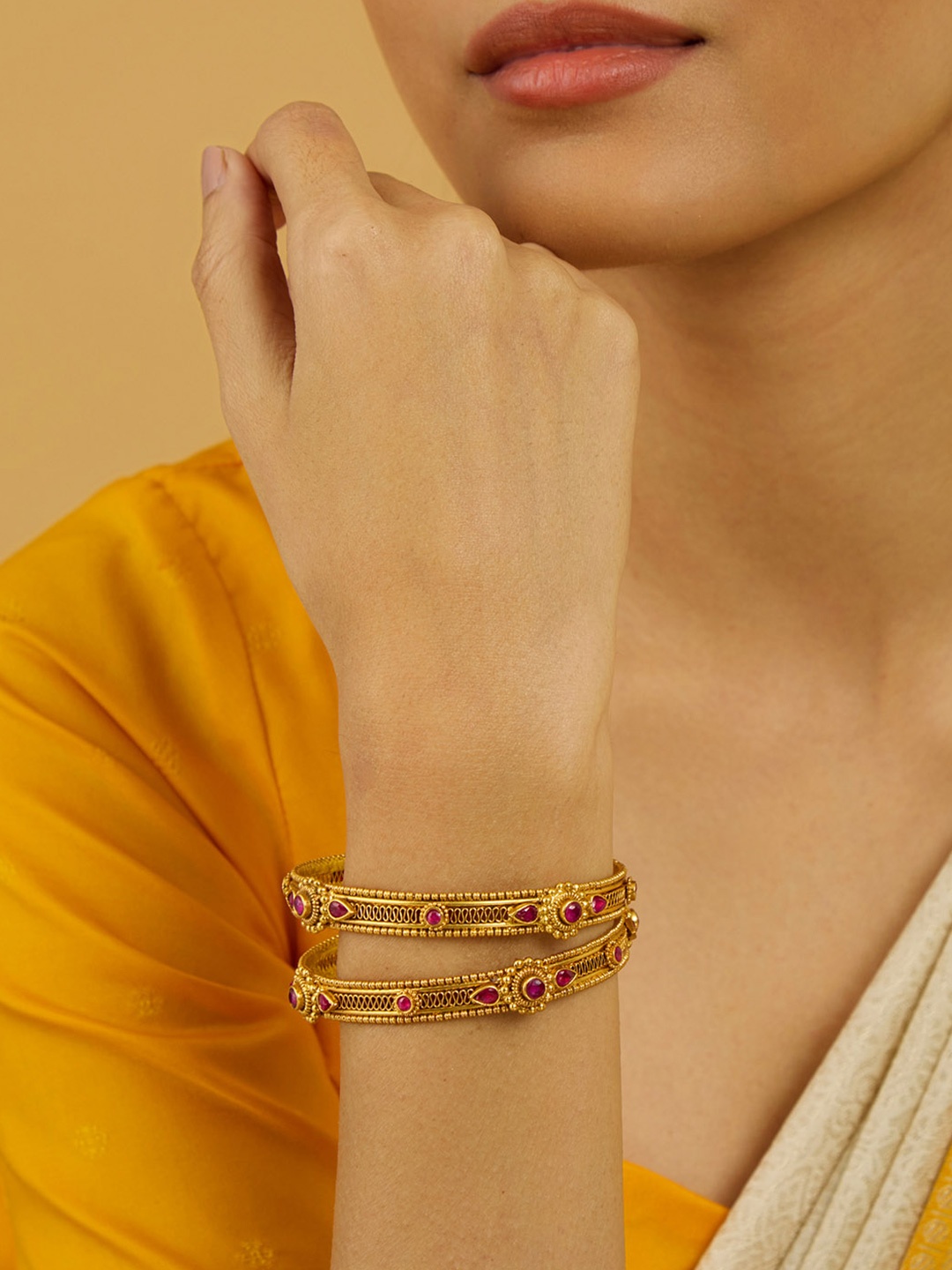 

Kushal's Fashion Jewellery Gold-Plated Antique Bangles, Red