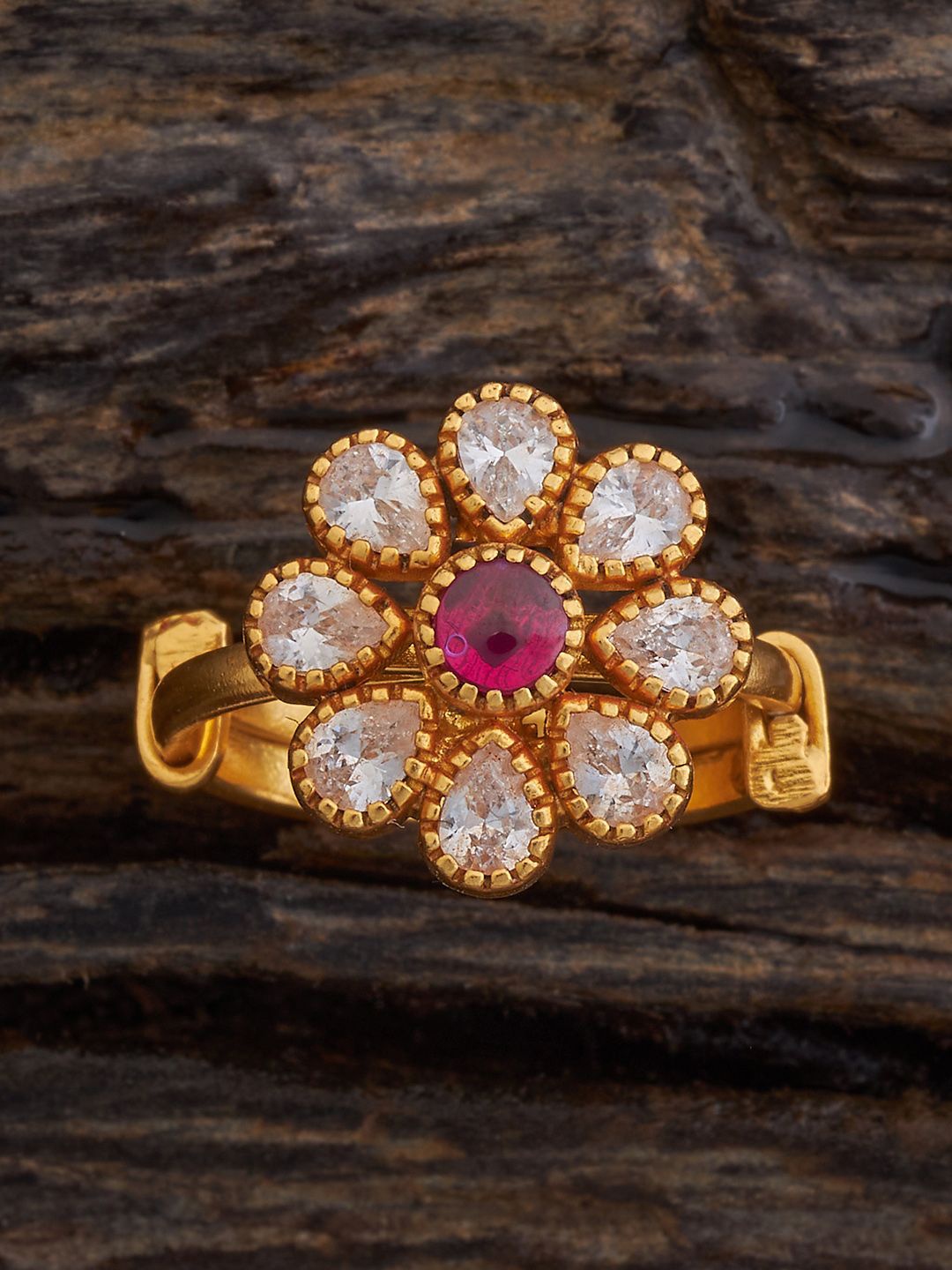 

Kushal's Fashion Jewellery Women Gold Plated Floral CZ 92.5 Pure Silver Finger Ring, Red