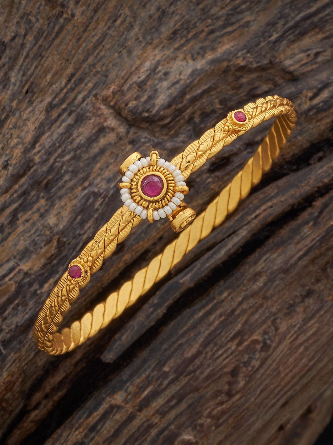 

Kushal's Fashion Jewellery Gold-Plated Ethnic Antique Kada, Red