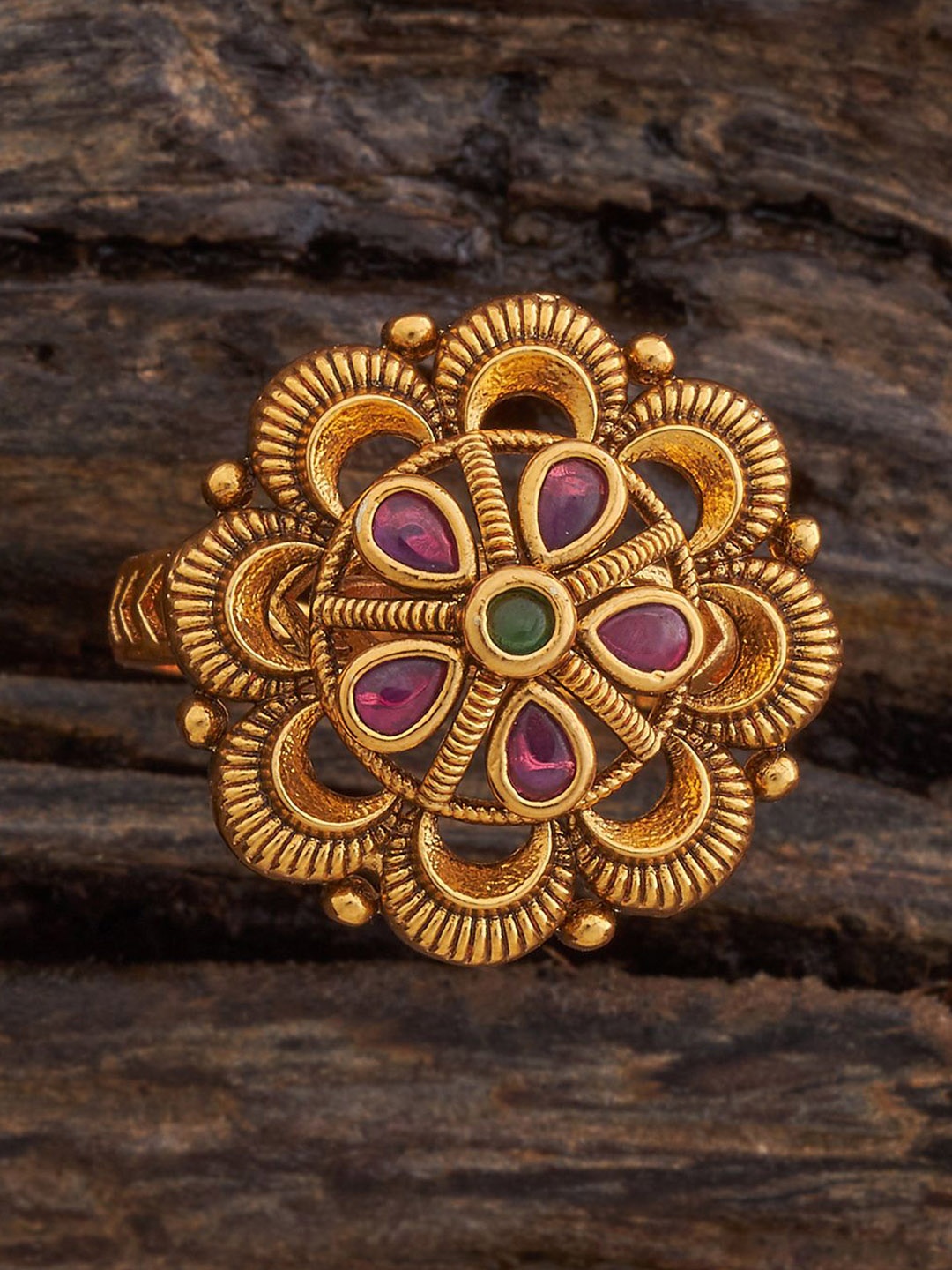 

Kushal's Fashion Jewellery Women Ruby Green Gold-Plated Antique Finger Ring