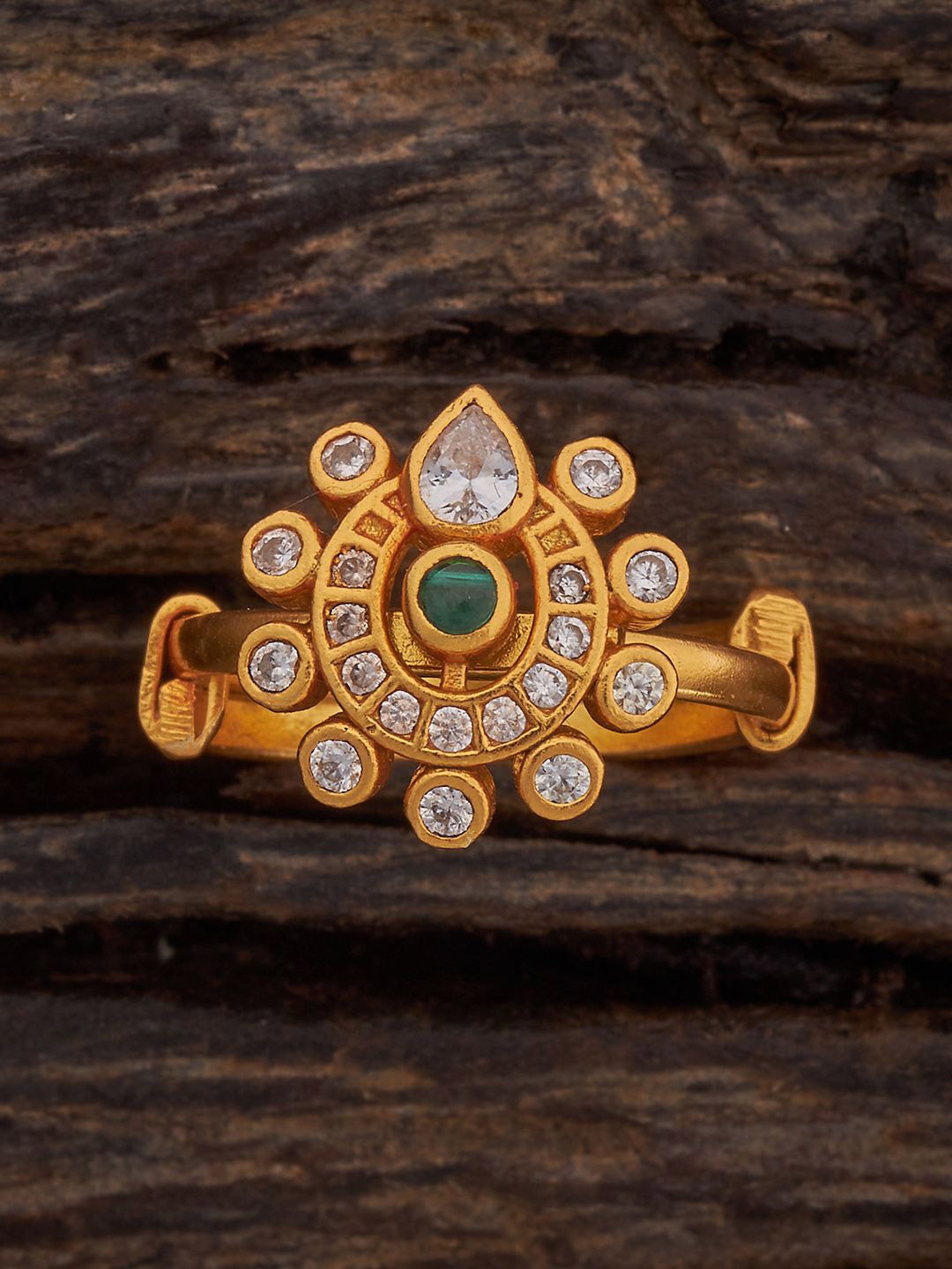 

Kushal's Fashion Jewellery Women Gold-Plated Green Stone Studded Antique Finger Ring