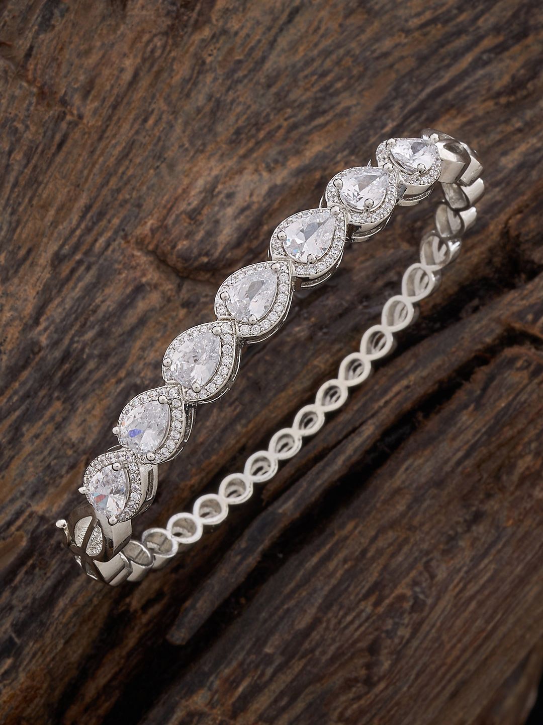 

Kushal's Fashion Jewellery Rhodium-Plated Zircon Diamond Studded Bangle-Style Bracelet, Silver