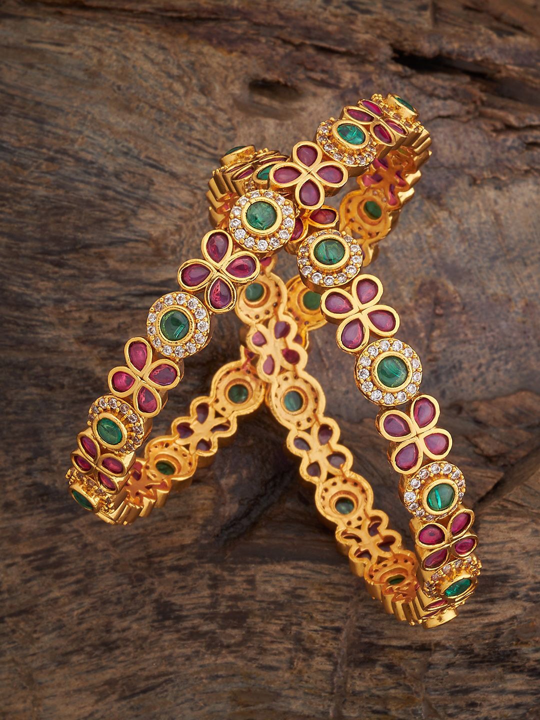 

Kushal's Fashion Jewellery Ruby-Green Gold-Plated Ethnic Antique Bangle, Red