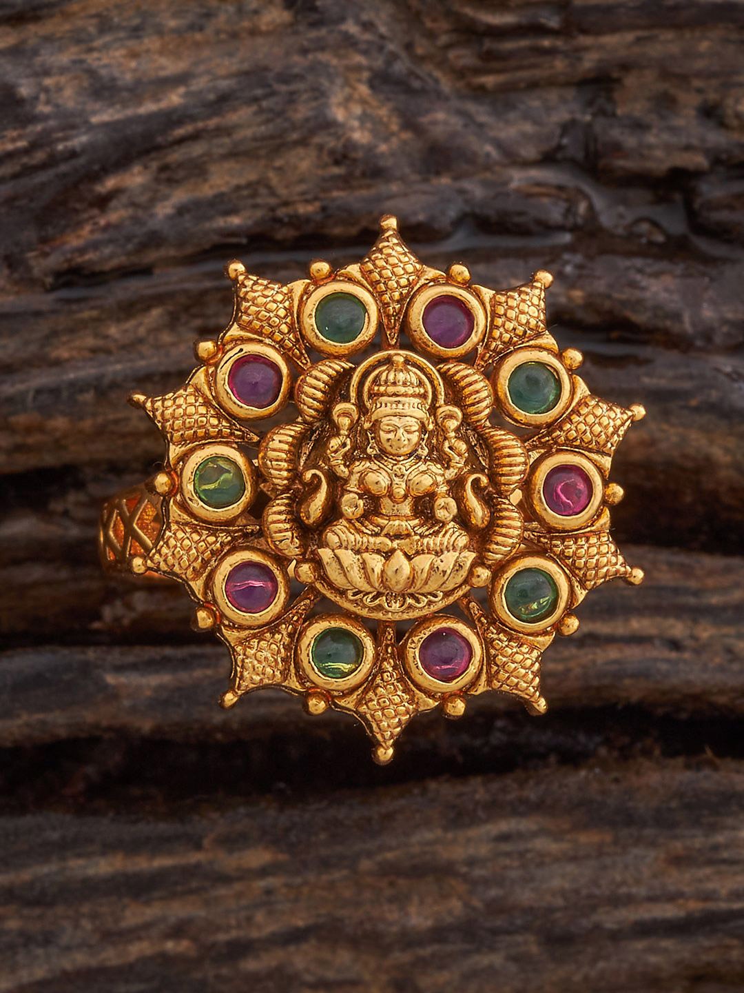 

Kushal's Fashion Jewellery Ruby-Green Gold-Plated Antique Finger Ring