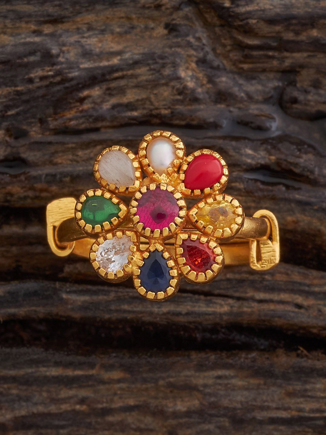 

Kushal's Fashion Jewellery Women Gold-Plated Navaratna Stone Studded Temple Finger Ring, Multi