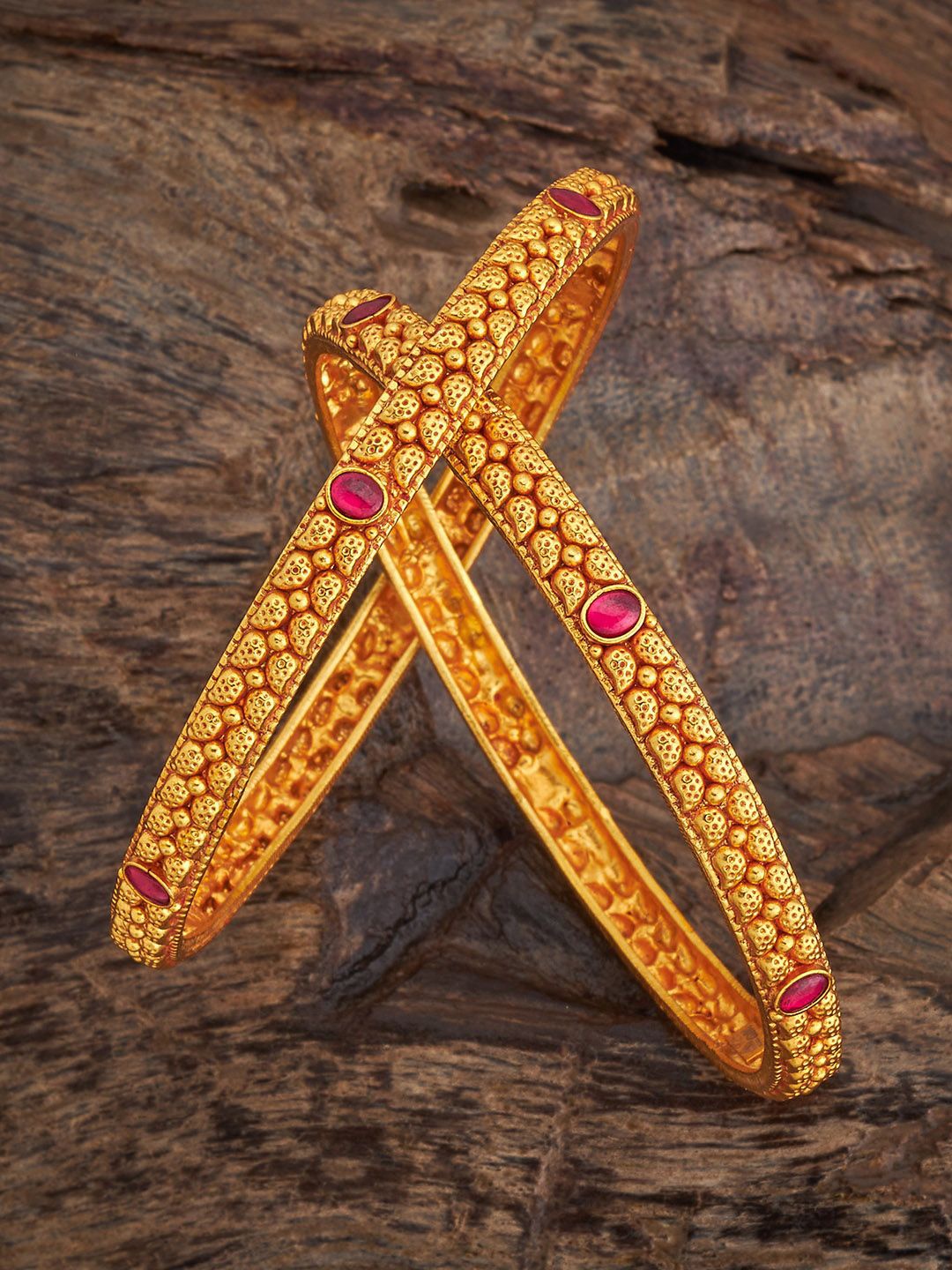 

Kushal's Fashion Jewellery Set Of 2 Gold-Plated Temple Bangles, Red