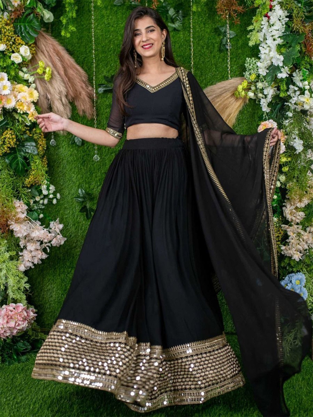 

Fashion Basket Embroidered Semi-Stitched Lehenga & Unstitched Blouse With Dupatta, Black