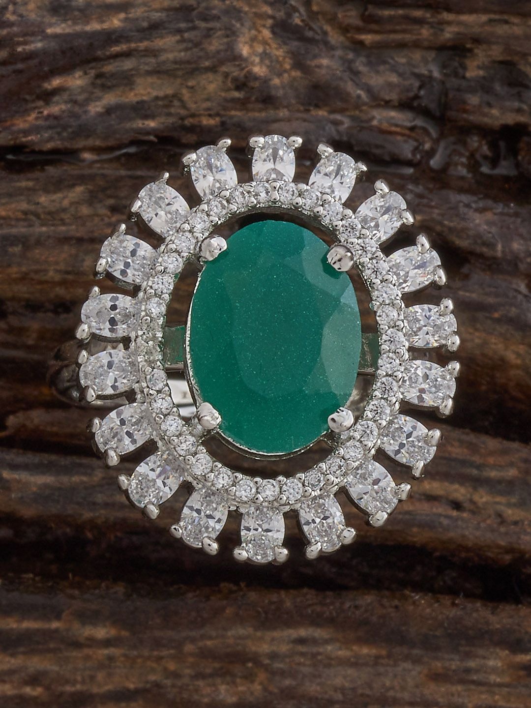 

Kushal's Fashion Jewellery Green Rhodium-Plated Zircon Finger Ring