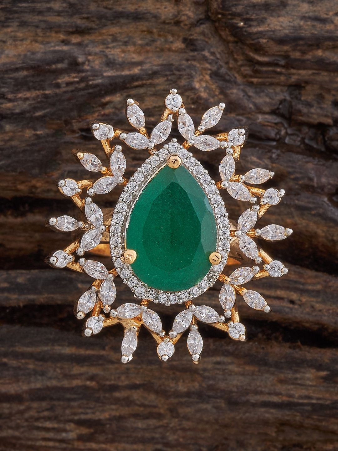 

Kushal's Fashion White & Green CZ-Studded Rhodium-Plated Finger Ring