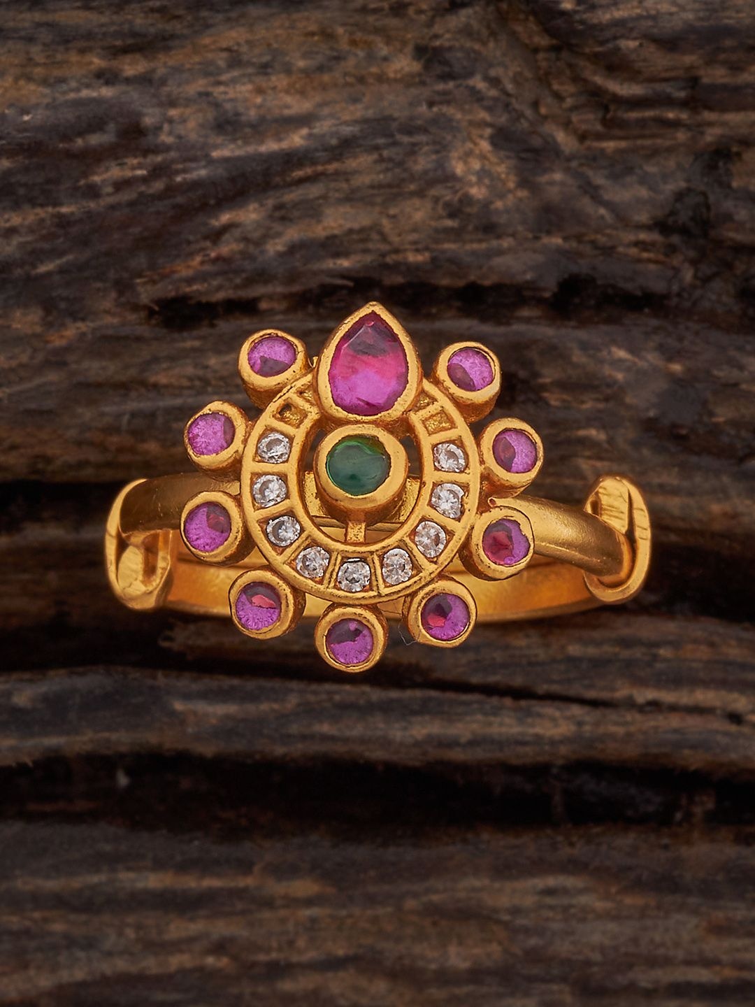 

Kushal's Fashion Jewellery 92.5 Pure Silver Gold-Plated Temple Finger Ring, Red
