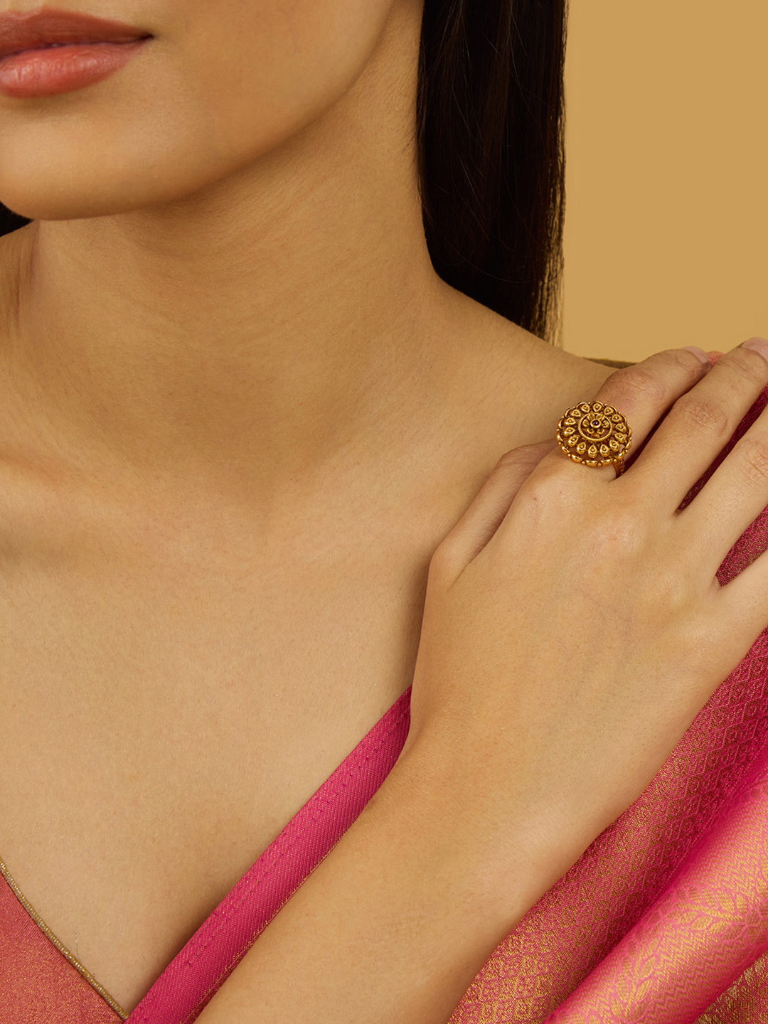 

Kushal's Fashion Jewellery Women Gold-Plated Ruby Stone Studded Antique Finger Ring, Red