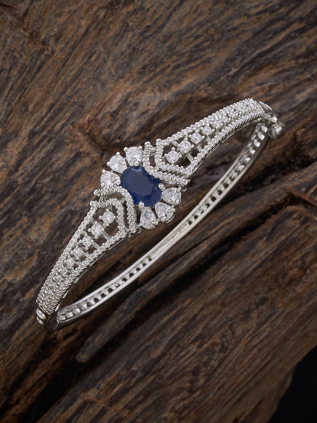 

Kushal's Fashion Jewellery Rhodium-Plated Kundan Zircon Kada Bangle, Blue
