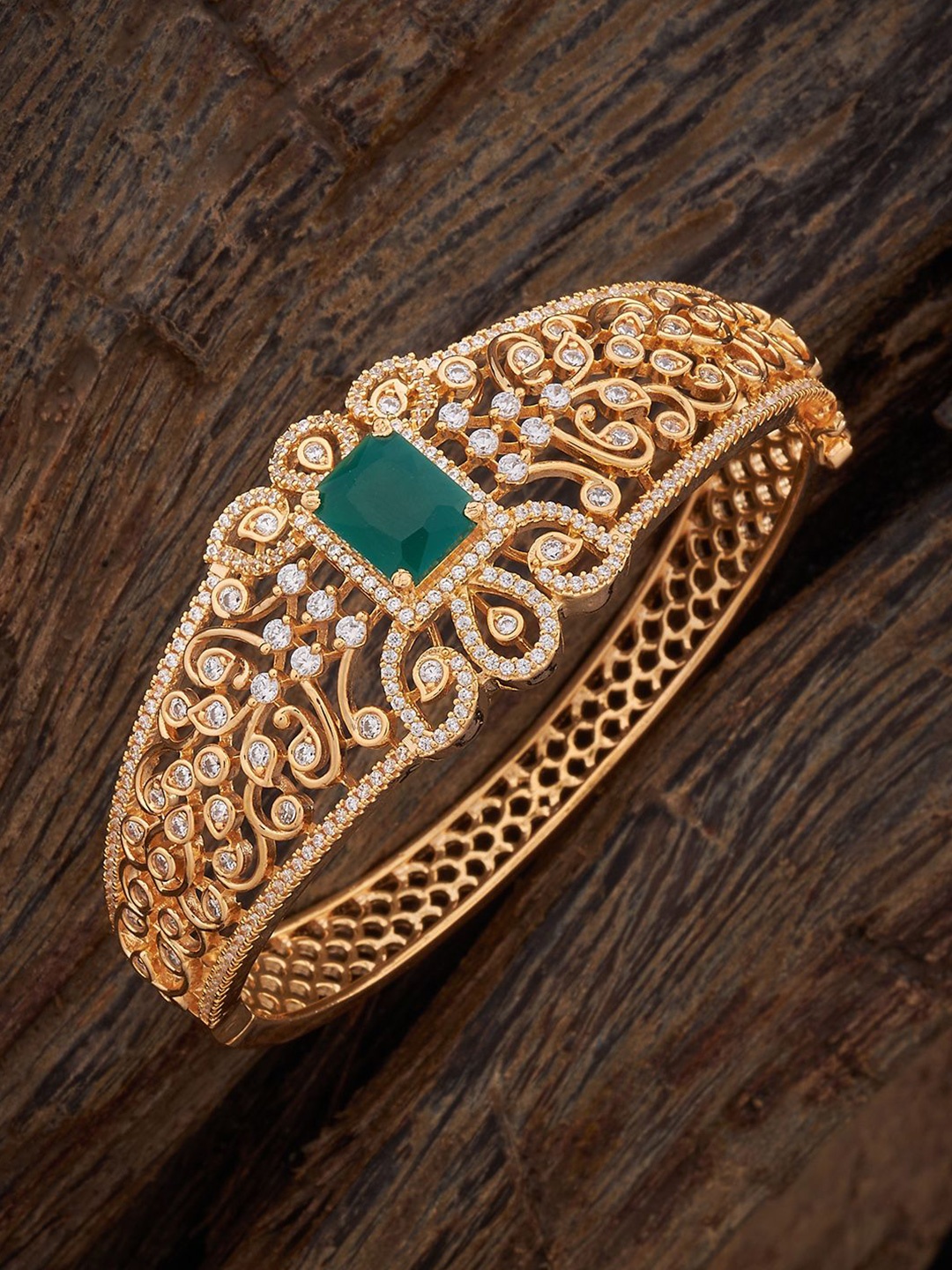 

Kushal's Fashion Jewellery Green Gold-Plated Zircon Kada