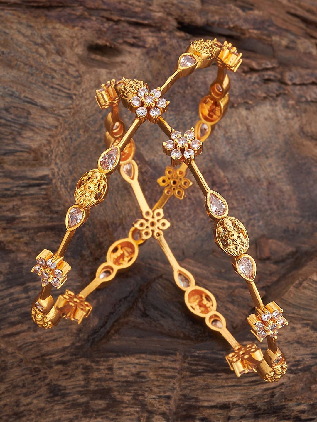 

Kushal's Fashion Jewellery Set Of 2 Artificial Stones Studded Gold-Plated Antique Bangles