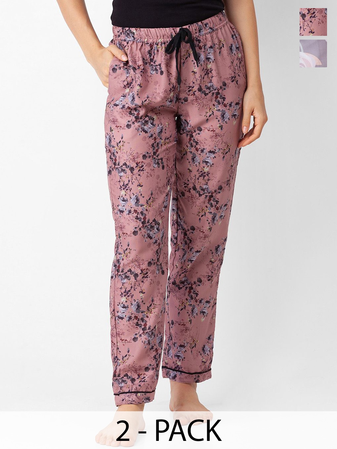 

NOIRA Women Pack Of 2 Printed Mid-Rise Lounge Pants, Grey