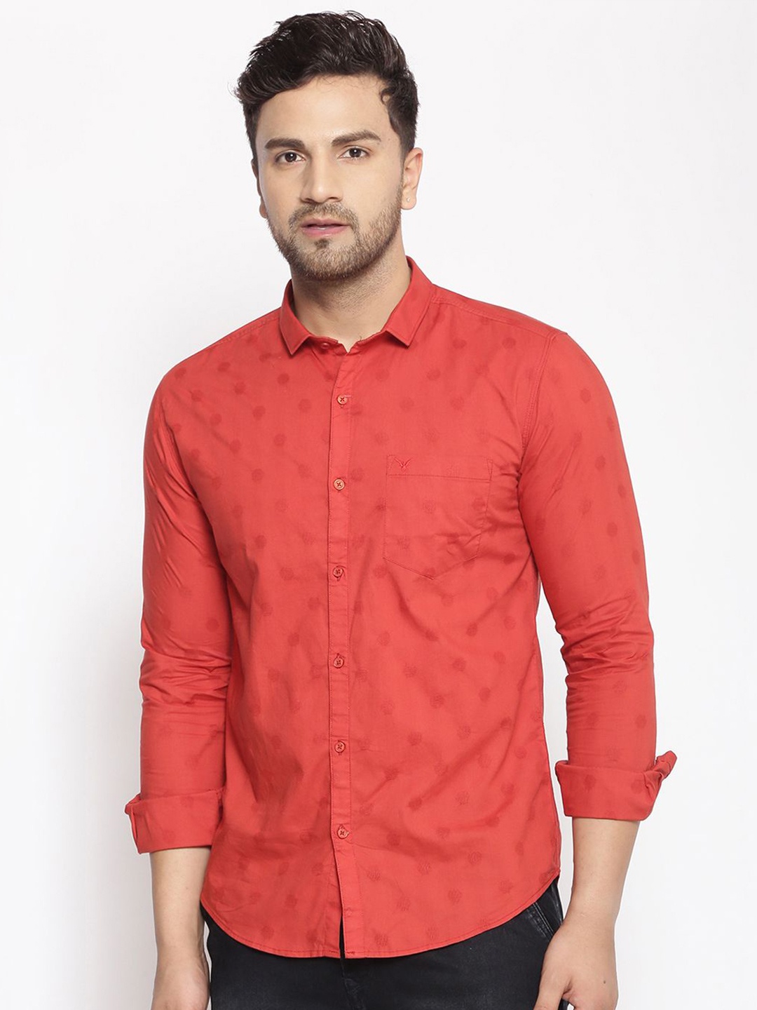 

SHOWOFF Men Standard Slim Fit Spread Collar Textured Cotton Casual Shirt, Red