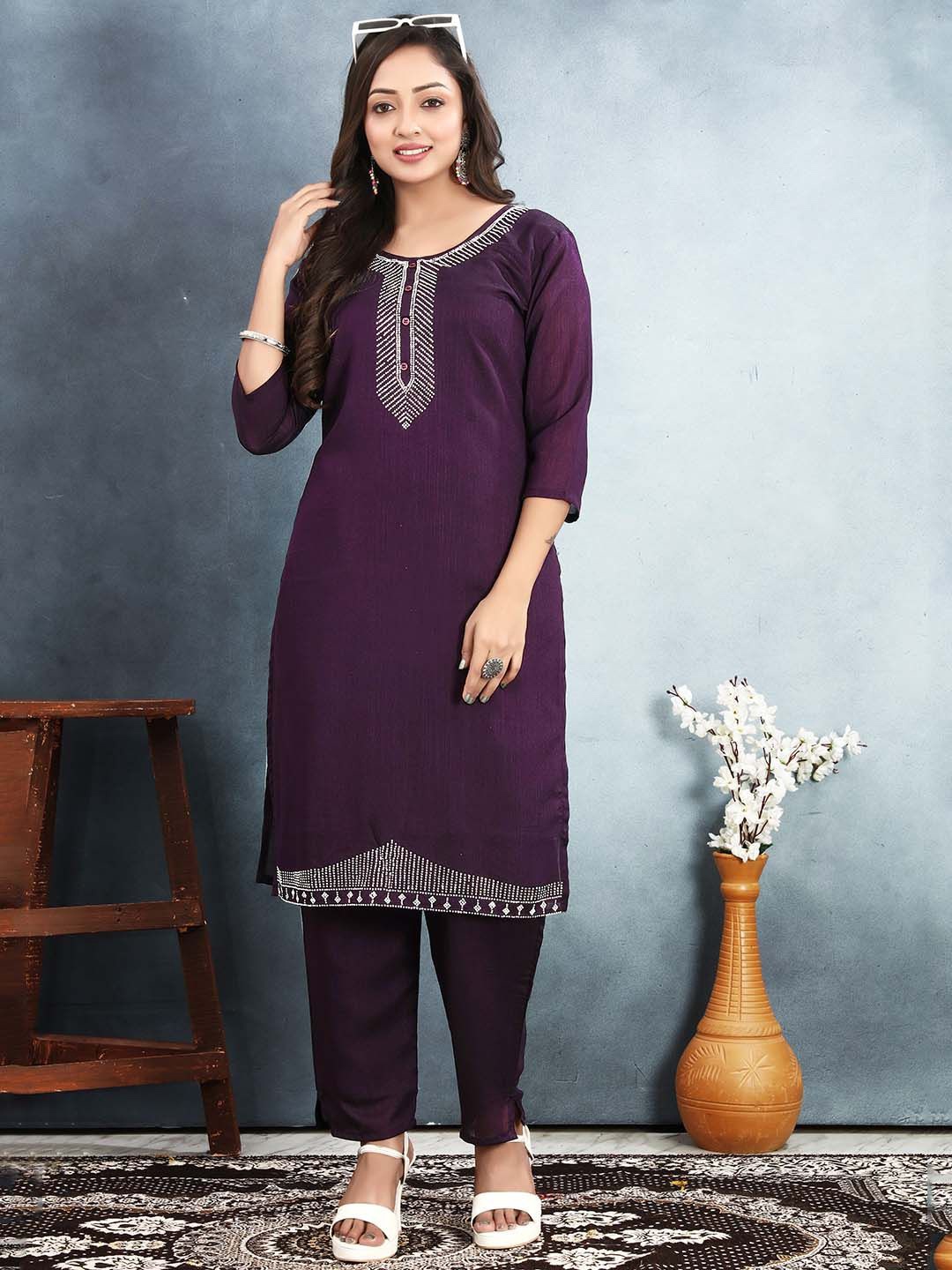 

Lilots Women Yoke Design Regular Kurta with Trousers, Purple