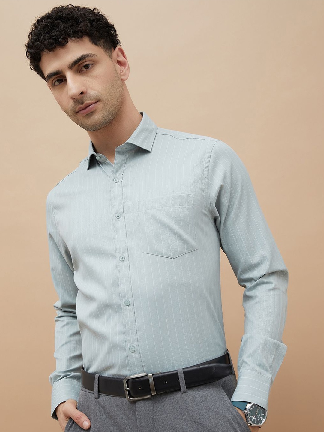 

CODE by Lifestyle Men Slim Fit Spread Collar Vertical Striped Cotton Formal Shirt, Sea green