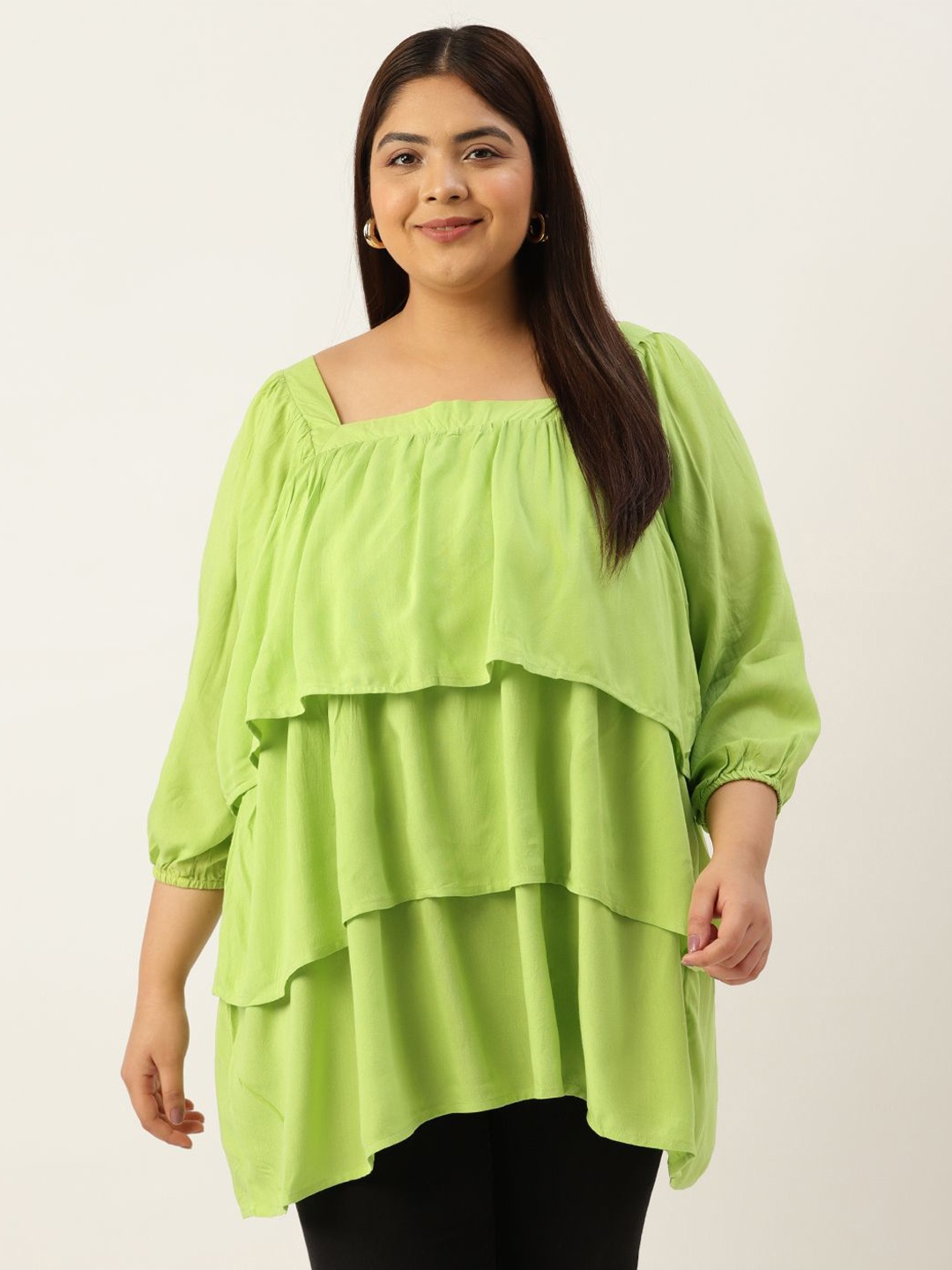 

theRebelinme Women Plus Size Puff Sleeve Layered Longline Top, Green