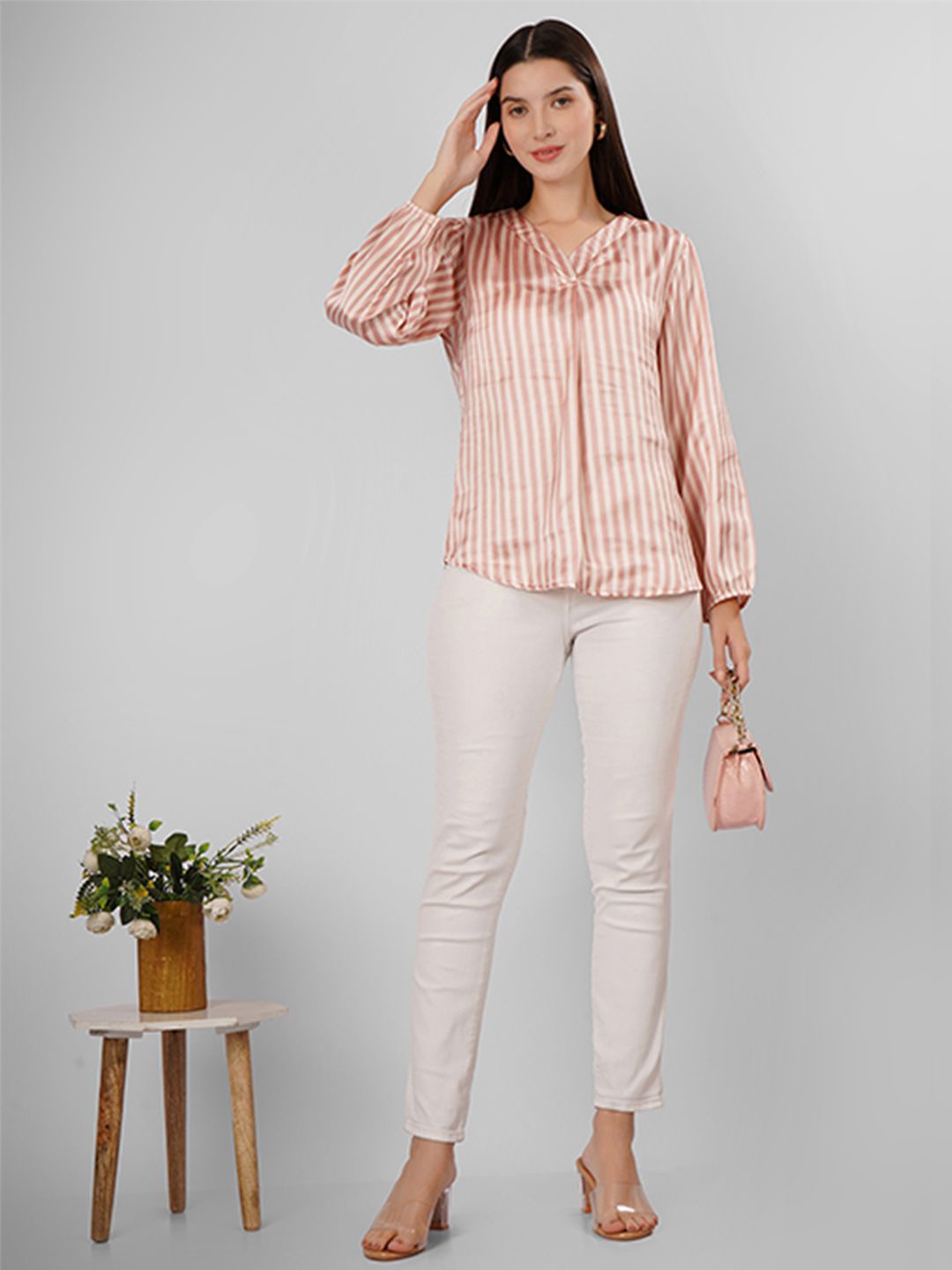 

UNLOKALE Women Striped Shirt Style Top, Pink