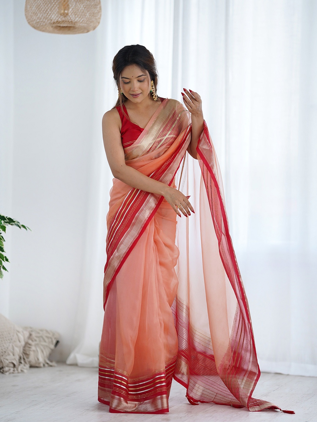 

Fashion Basket Zari Sequence Organza Chanderi Saree, Peach