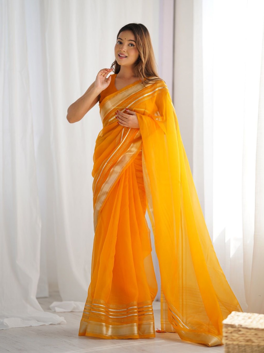 

Fashion Basket Embroidery Sequence Work Woven Saree, Yellow