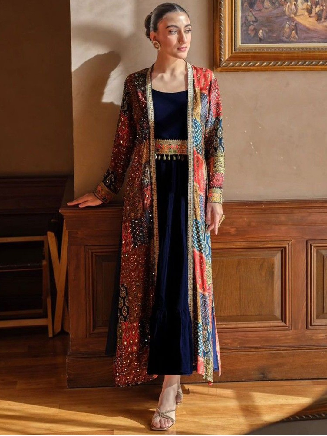 

LUGAI Printed Georgette Maxi Dress With Jacket, Blue