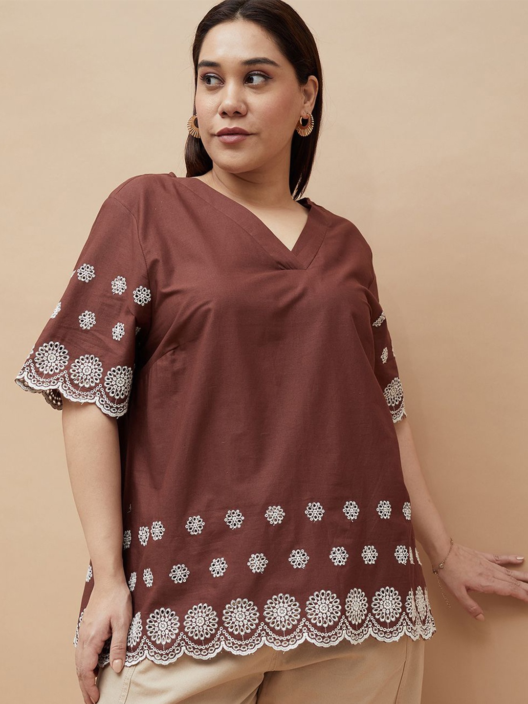 

Nexus by Lifestyle Plus Size Embroidered Cotton Top, Brown