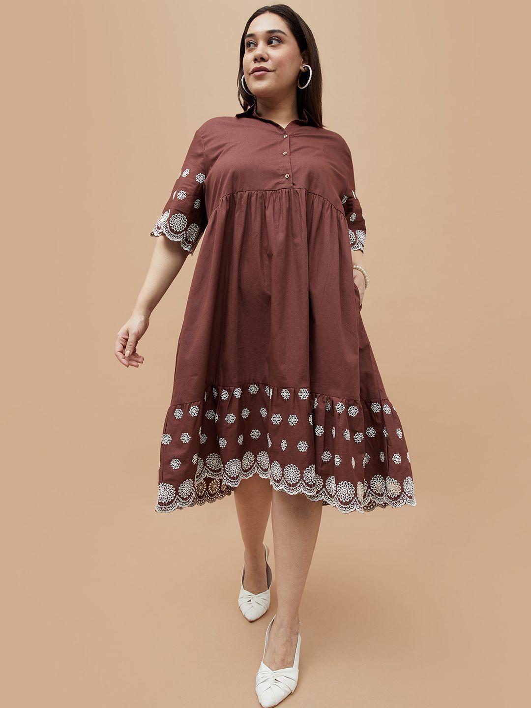 

Nexus by Lifestyle Women Plus Size Floral Embroidered Shirt Collar A-Line Dress, Brown