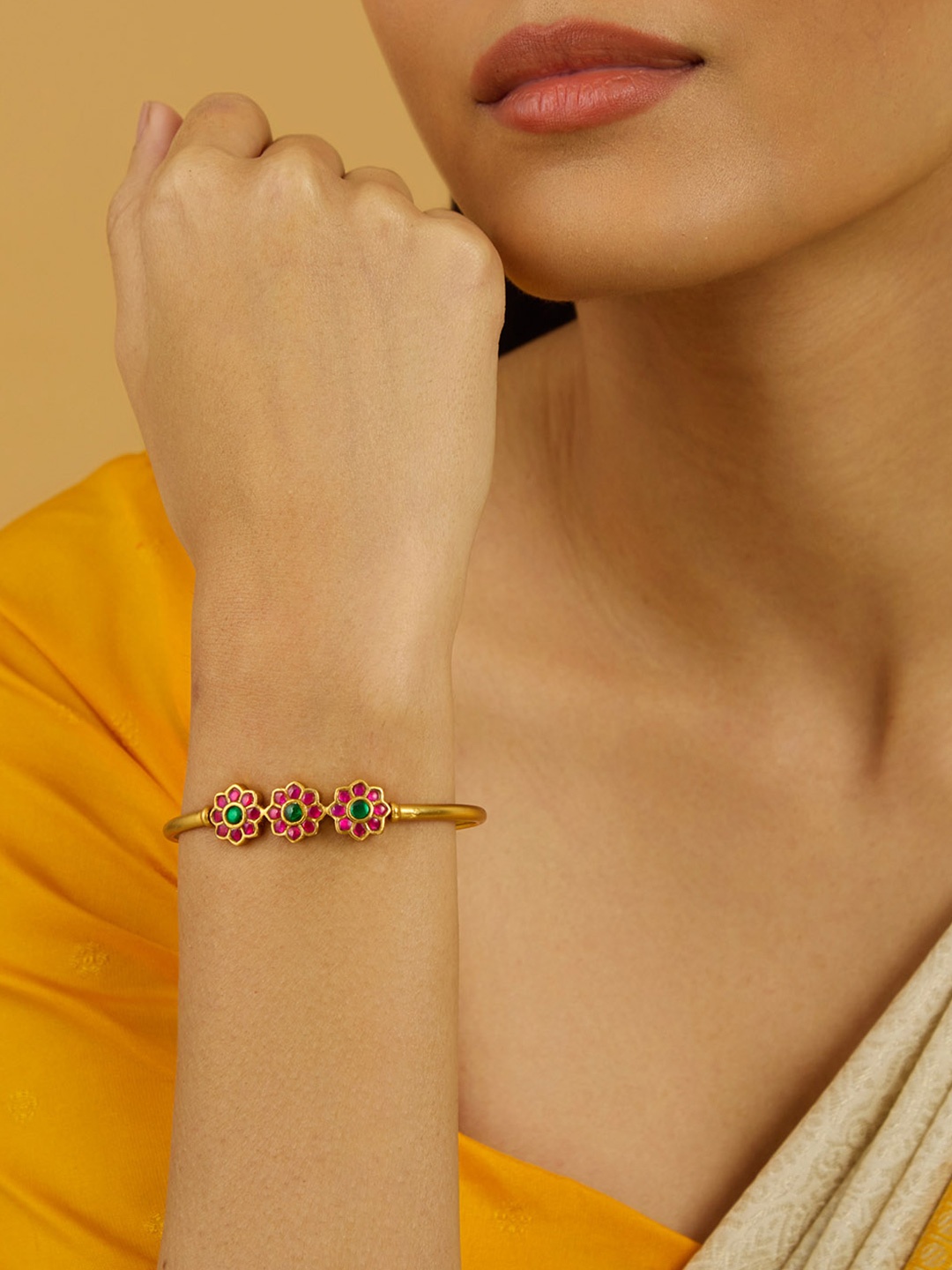 

Kushal's Fashion Jewellery Ruby-Green Gold-Plated Antique Kada, Red