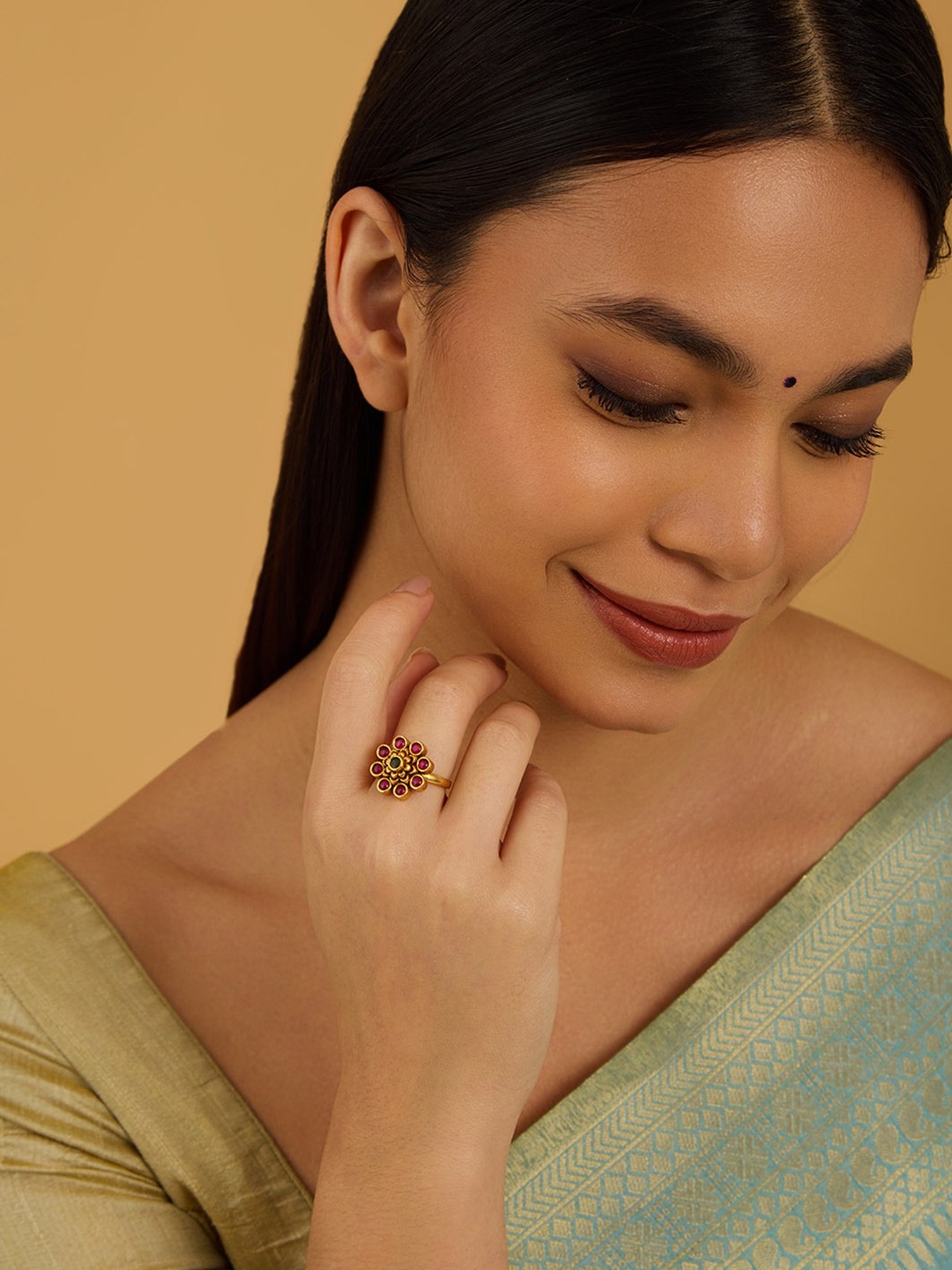 

Kushal's Fashion Jewellery Gold-Plated Antique Finger Ring, Red