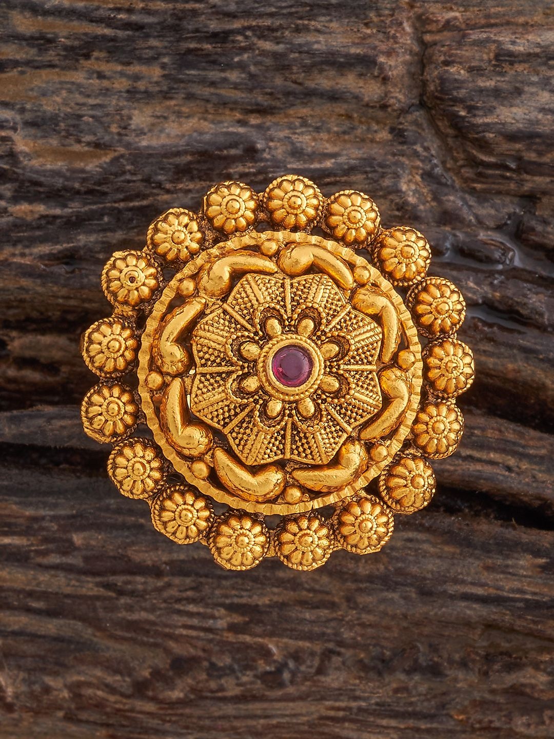 

Kushal's Fashion Jewellery Red Stone-Studded Gold-Plated Antique Finger Ring