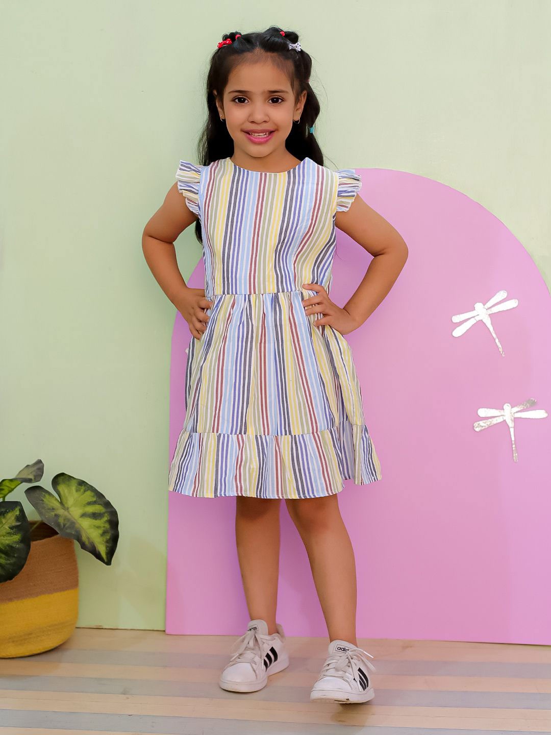 

The Mom Store Girls Striped Cotton A-Line Dress, Blue