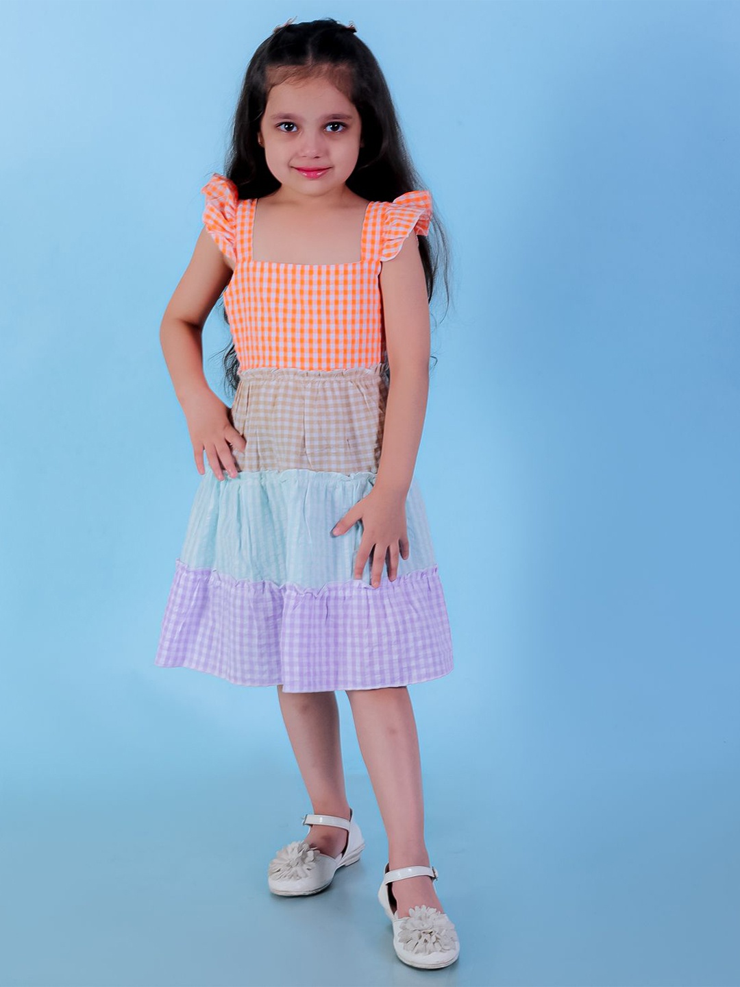 

The Mom Store Girls Checked Layered Tiered Drop-Waist Dress, Orange