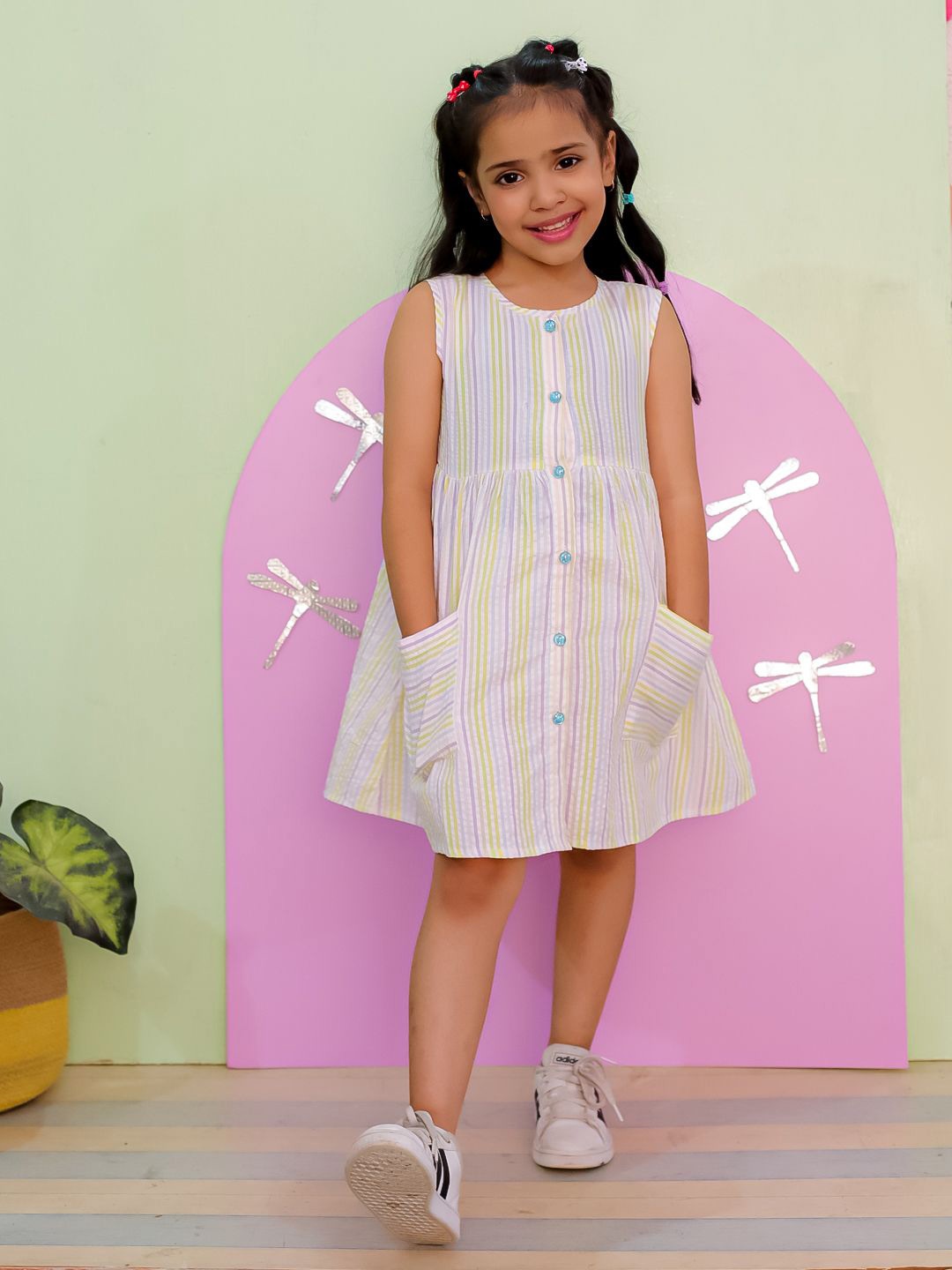 

The Mom Store Girls Striped A-Line Dress, Multi