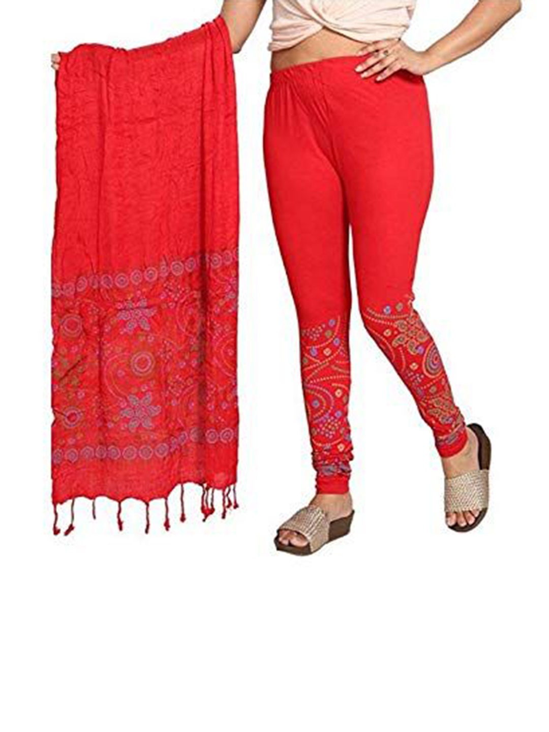 

OUTER WEAR AYAM EXPORTS Women Printed Ankle Length Leggings With Dupatta, Red