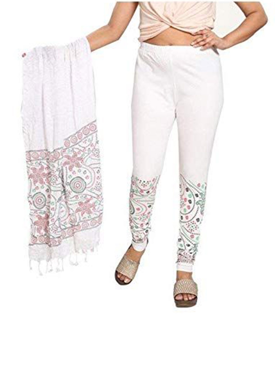 

OUTER WEAR AYAM EXPORTS Printed Ankle Length Leggings With Dupatta, White