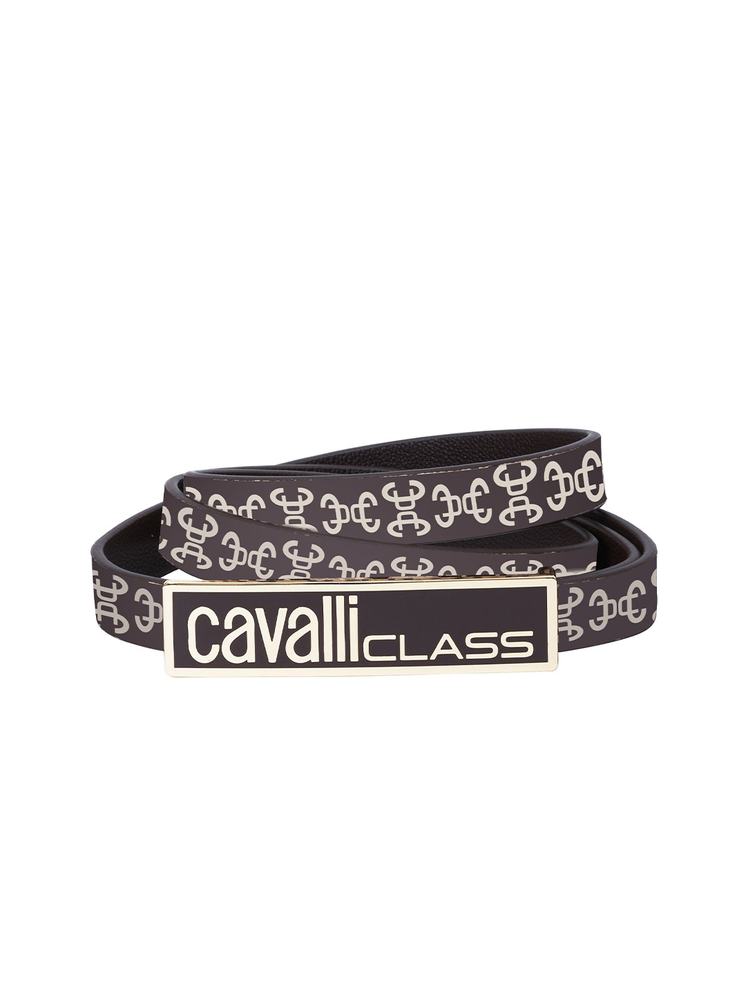 

Cavalli Class Women Printed Leather Reversible Belt, Brown