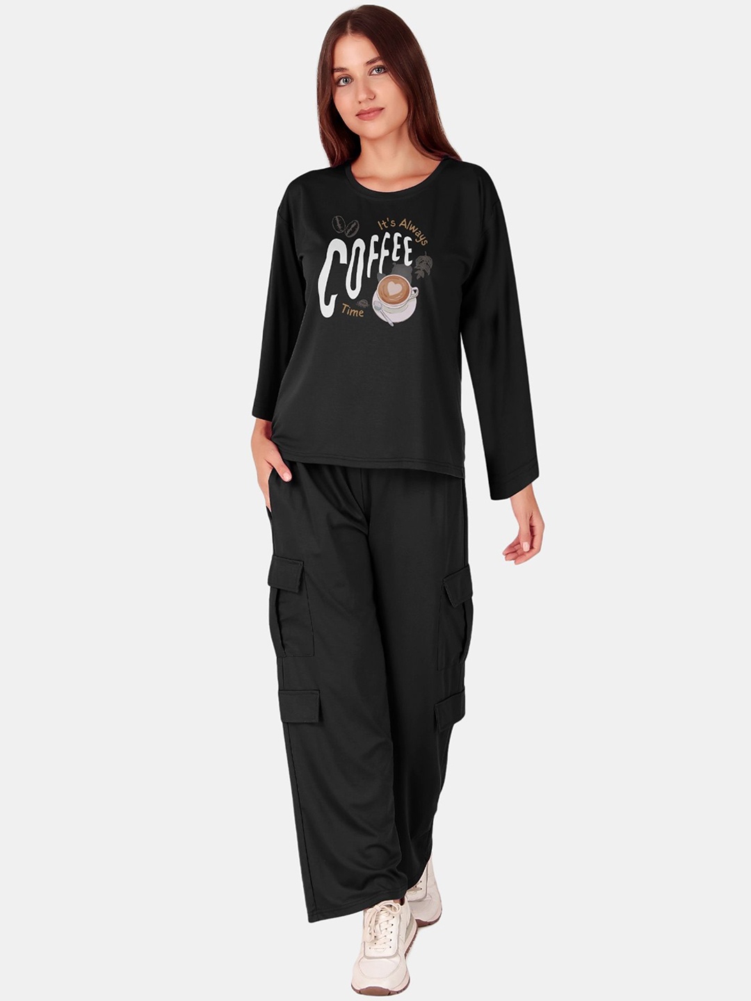 

Fasense Women Printed Full Sleeve Oversized T-Shirt & Cargo Pant, Black
